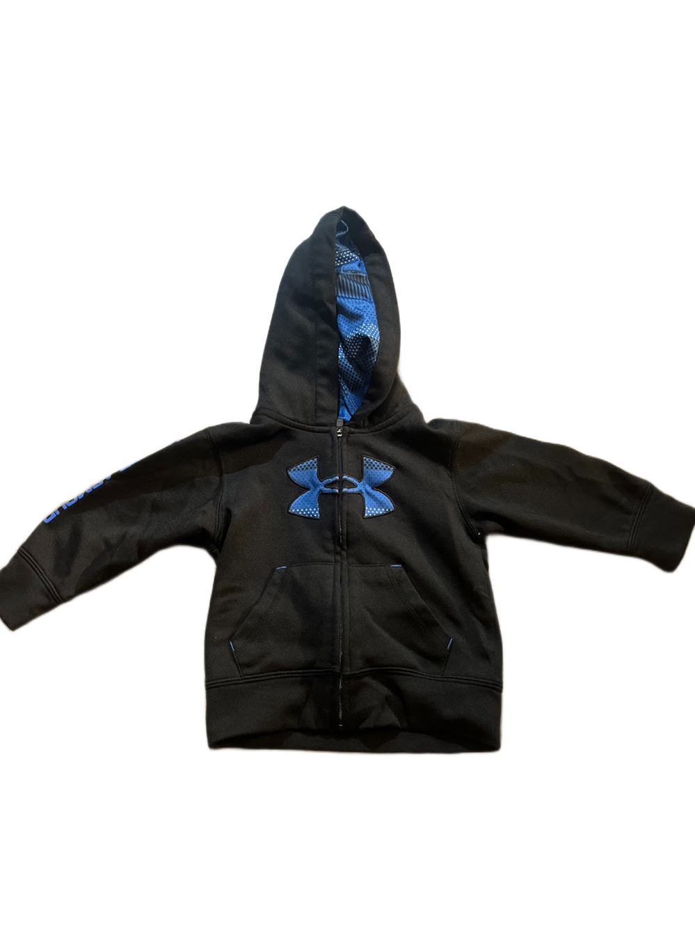 Boy's Under Armour UA Full Zip Hooded Jacket Size 18m Black and Blue Side Hit